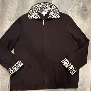 St John Sport Chic Brown Knit Jacket with Animal Print Collar and Cuffs - Szxl